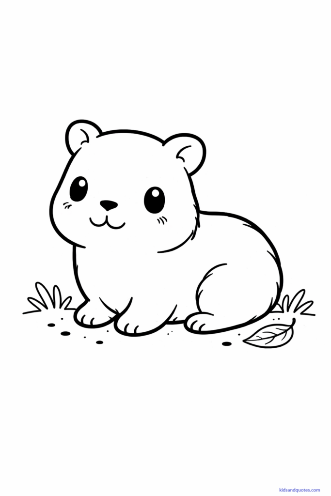 Black-and-white line art of a baby capybara in a small, gentle pose. Soft cozy baby capybara with rounded features and a calm expression.