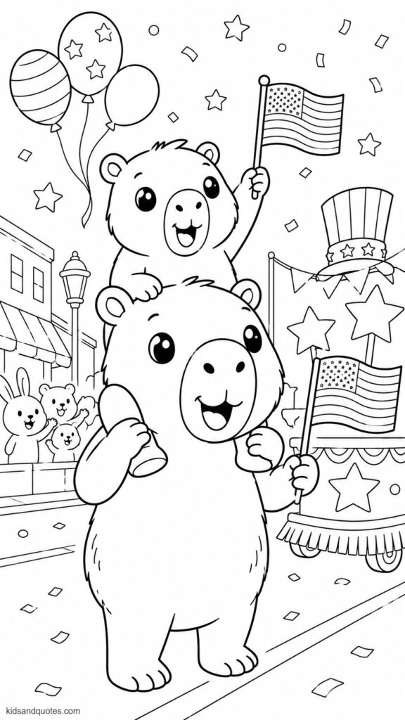Coloring page of a Baby capybara on a parent's shoulders, both watching a parade go by, holding mini flags.