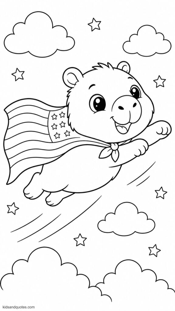 Baby capybara wrapped in an American flag like a cape, flying through the air.