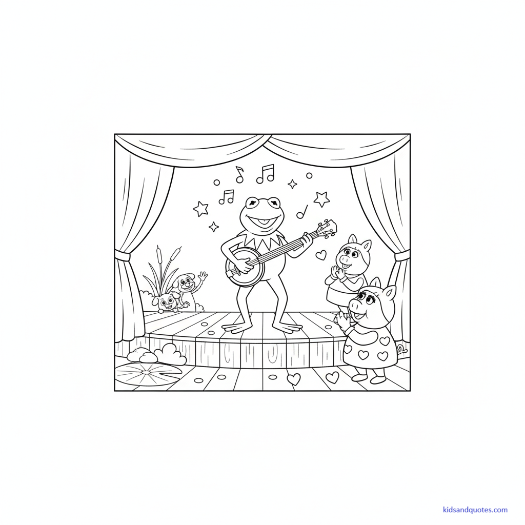 Black-and-white line art of a larger, detailed scene featuring a frog character inspired by Kermit the Frog in a cheerful setting with simple props like a banjo, stage elements, or nature details.