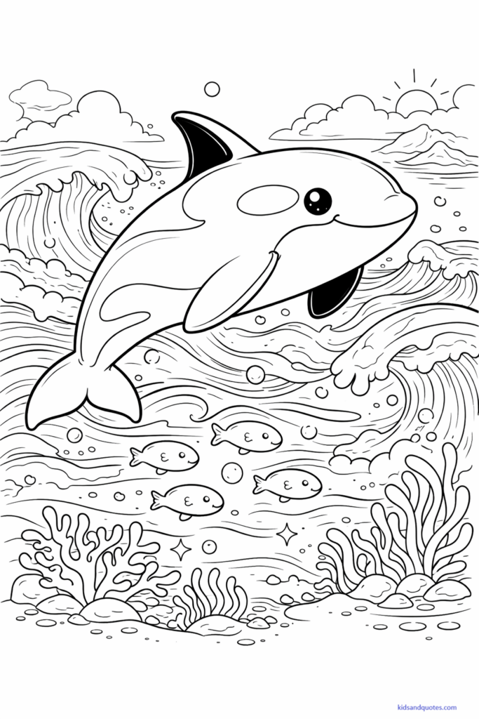 Black-and-white line art of a detailed ocean adventure scene featuring a large orca whale swimming through waves with fish, bubbles, and underwater plants.