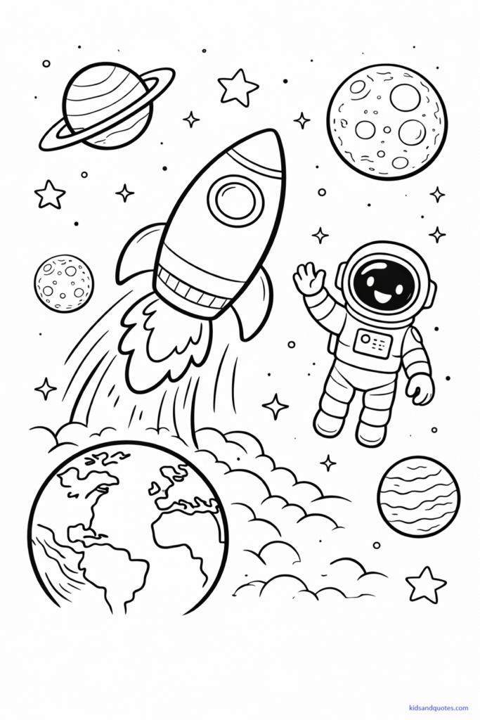 Black-and-white line art of a detailed space adventure scene featuring a rocket, astronaut, stars, planets, Earth, and the Moon all together. Rich but organized composition for longer coloring sessions.