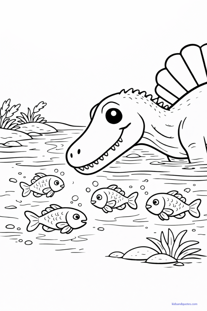 Black-and-white line art of a large Spinosaurus watching fish swim nearby. 