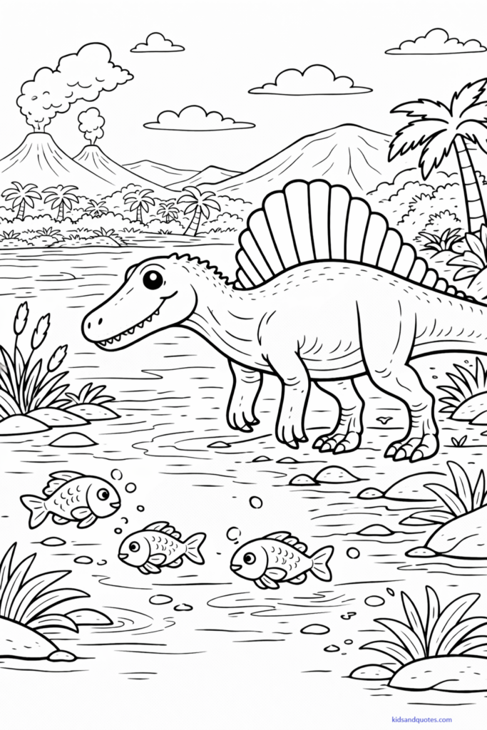 Black-and-white line art of a detailed adventure scene featuring a Spinosaurus near water, fish, plants, and a prehistoric landscape.