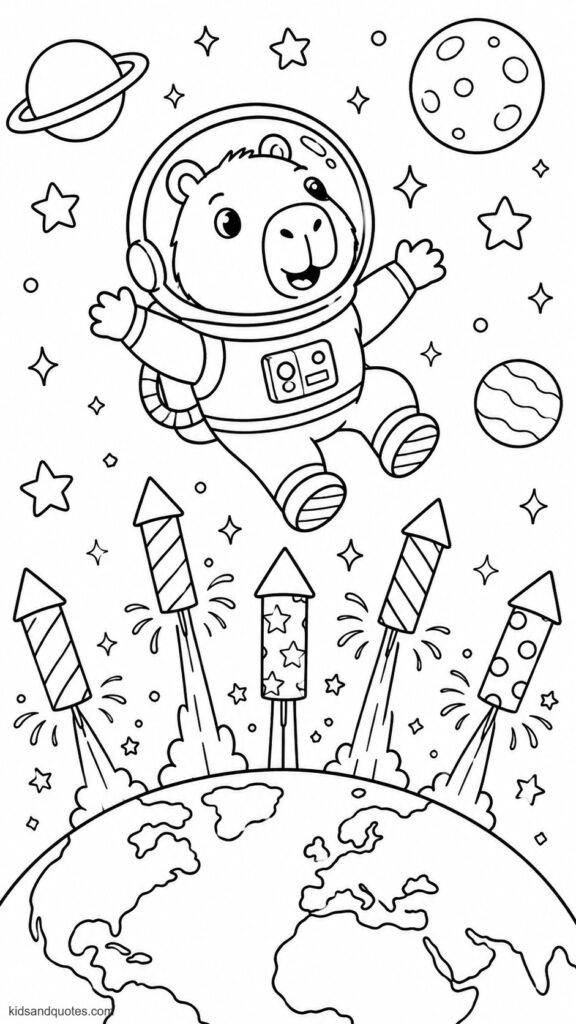 Capybara astronaut floating in space with Earth visible below and fireworks launching up toward them.