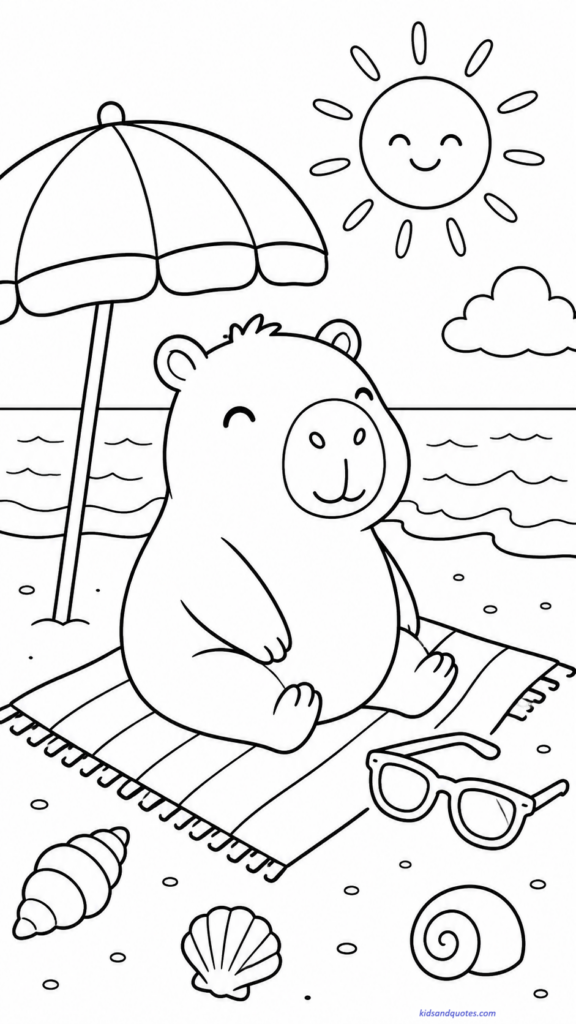 Coloring page of a relaxed capybara enjoying the beach with summer accessories.