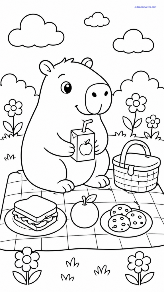 Coloring page of a cute capybara sitting on a picnic blanket with simple treats.