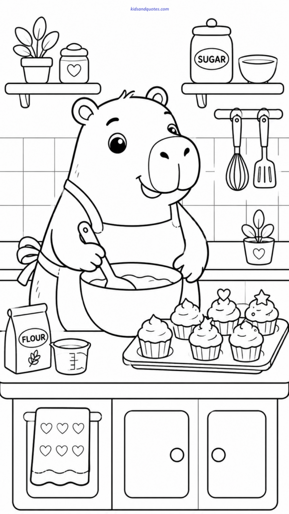 A cheerful capybara baking cupcakes in a cute kitchen scene.