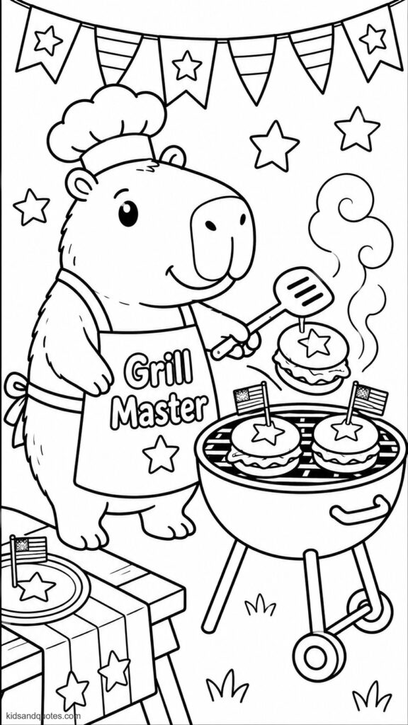 Coloring sheet of a Capybara at a BBQ grill, wearing a chef's apron that says "Grill Master," flipping patriotic-frosted burgers.
