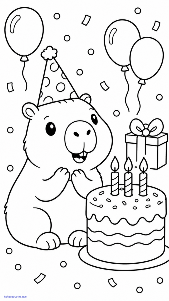 Coloring page of a birthday capybara sitting beside a cake with candles.