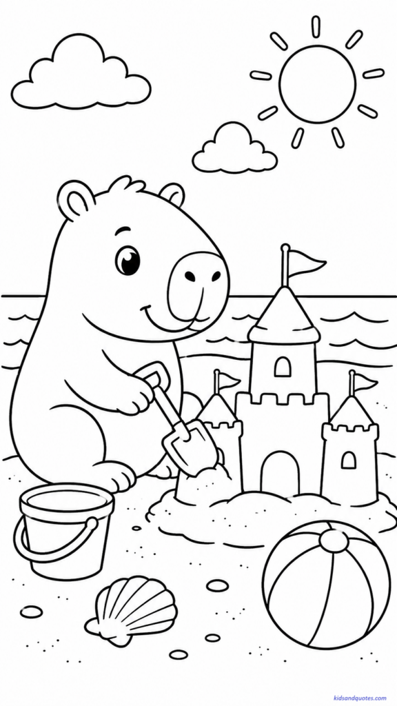 Coloring page of a beachy capybara making a sandcastle with a bucket and shovel.