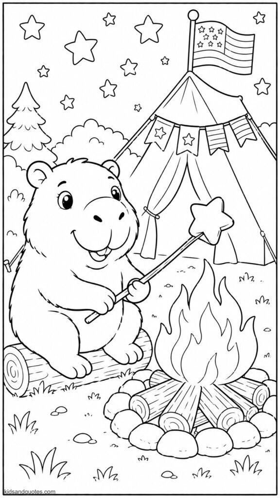 Coloring page of a Capybara at a campfire, toasting a marshmallow shaped like a star, with a tent decorated in flag bunting.