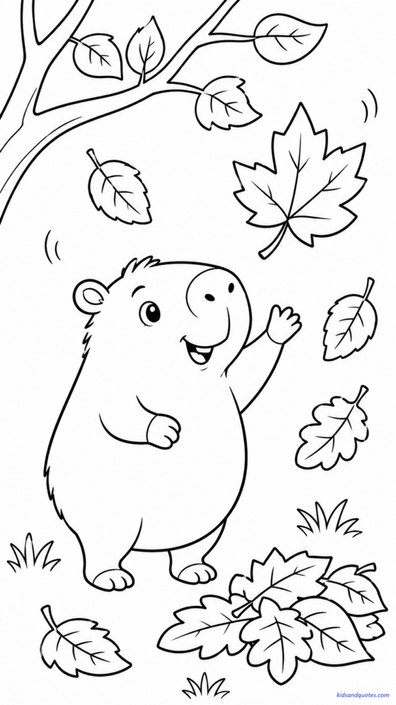 Coloring page of a playful capybara trying to catch autumn leaves.