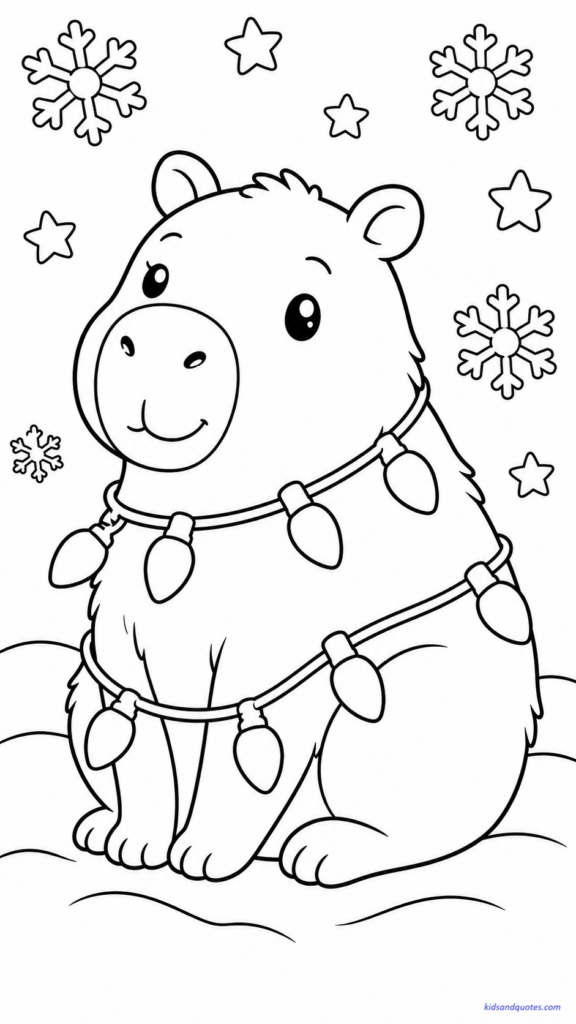 A festive capybara wrapped gently in a string of Christmas lights.
