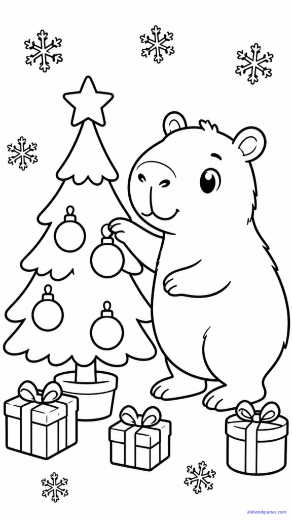 Coloring page of a capybara placing ornaments on a small Christmas tree.
