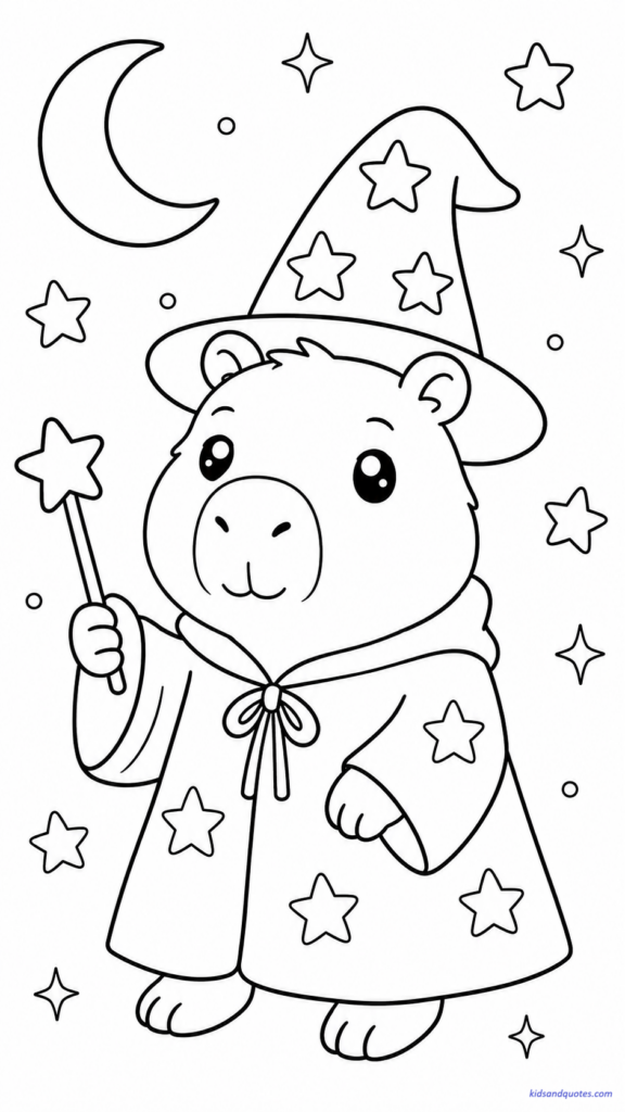Free coloring page of a magical capybara wearing a wizard hat and robe.