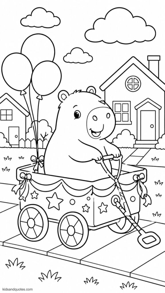 Coloring page of a Capybara driving a tiny red wagon decorated with streamers and balloons through the neighborhood.