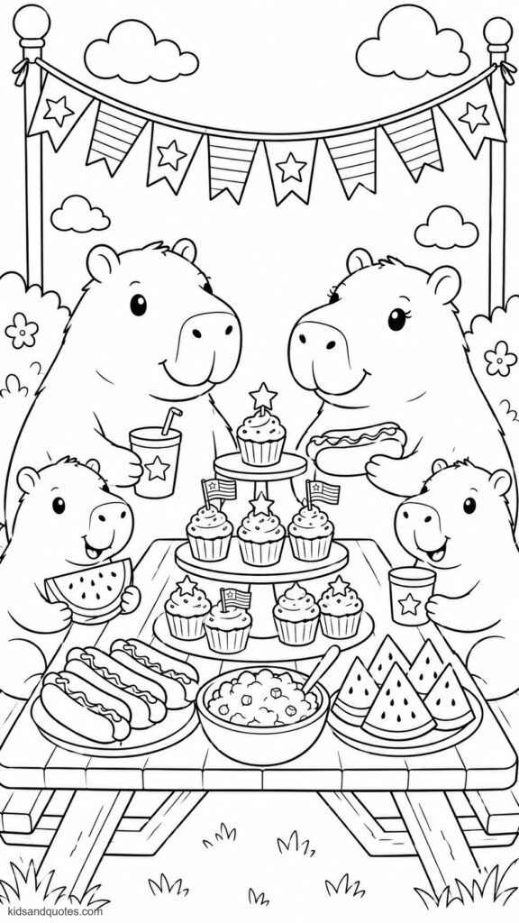 Capybara family at a picnic table loaded with hot dogs, watermelon, potato salad, and a flag cupcake tower.