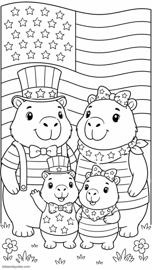 Coloring page of a Capybara family portrait in matching red, white, and blue outfits standing in front of a flag. 