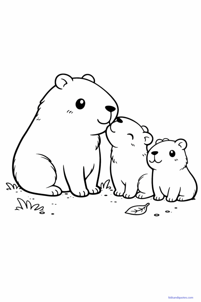 Free Printable: Black-and-white line art of a capybara family scene featuring a parent capybara with one or more baby capybaras. 