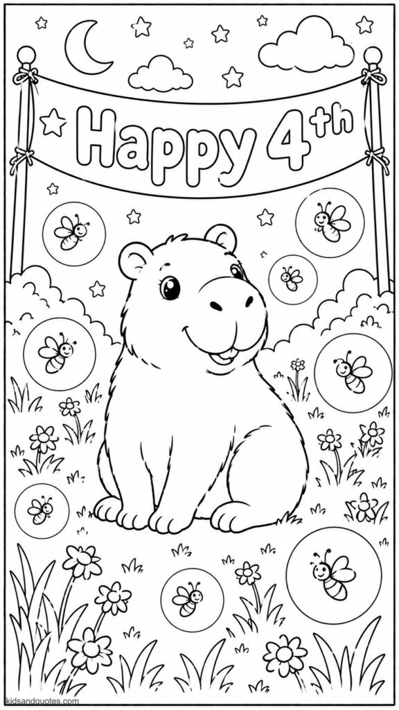 Capybara surrounded by fireflies in a meadow, each firefly glowing in red, white, or blue, with a "Happy 4th" banner overhead.