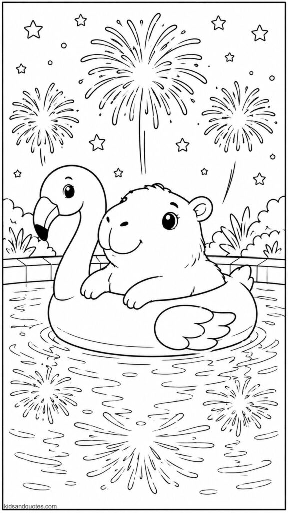 Free printable of a Capybara floating in a pool on a flamingo ring, fireworks reflected in the water around them.