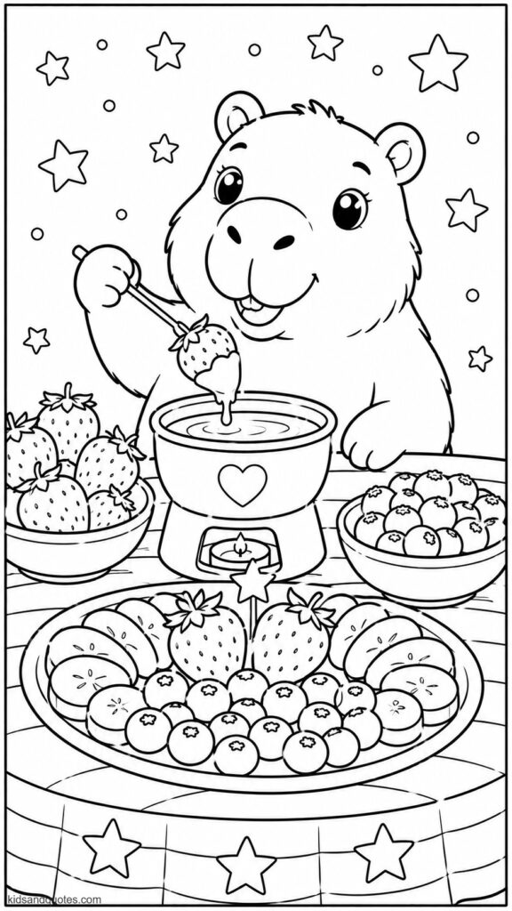 Free coloring printable of a Capybara dunking a strawberry into a chocolate fondue surrounded by blueberries (red, white, blue fruit platter).
