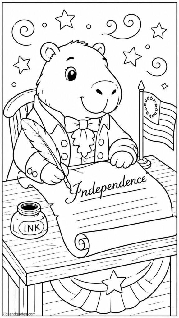 Coloring Page of a Capybara as a Founding Father, quill pen in hand, signing a big scroll labeled "Independence".