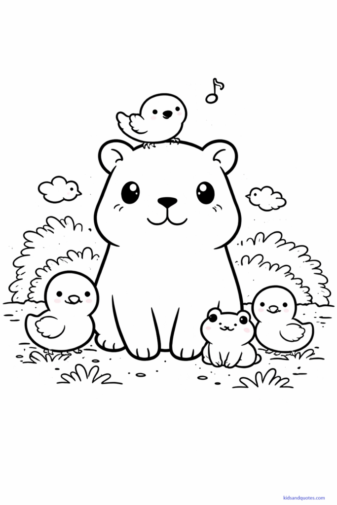 Free Coloring Page: Black-and-white line art of a friendly capybara sitting or standing with animal friends, such as birds, ducks, or other small animals.