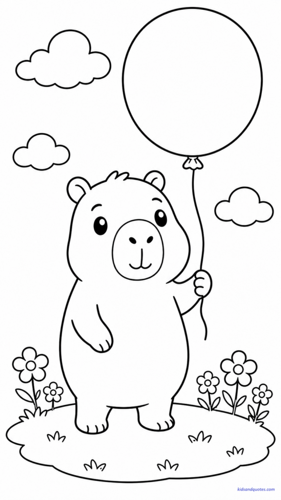 Printable coloring page of a sweet capybara holding one big balloon with a peaceful smile.