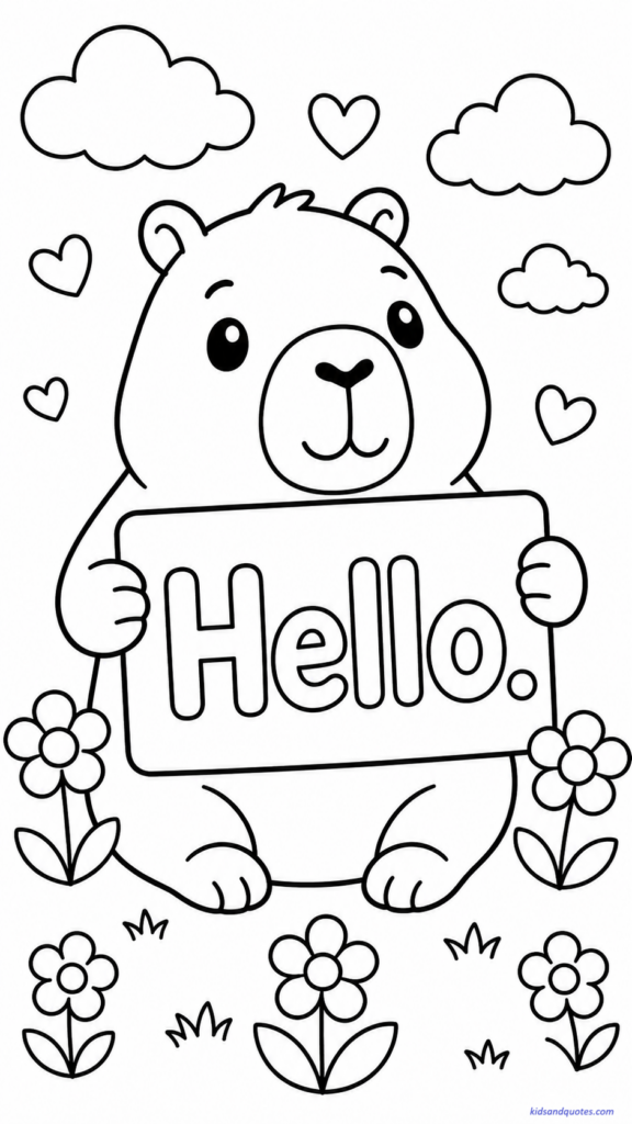 Coloring page of a friendly capybara holding a welcome sign.
