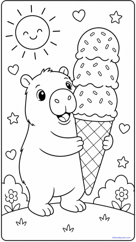 Coloring page of a smiling capybara holding a tall ice cream cone.