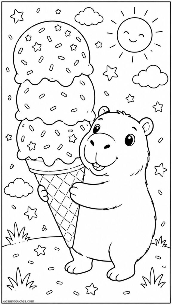 Coloring Page of a Capybara holding an enormous ice cream cone with red, white, and blue scoops.