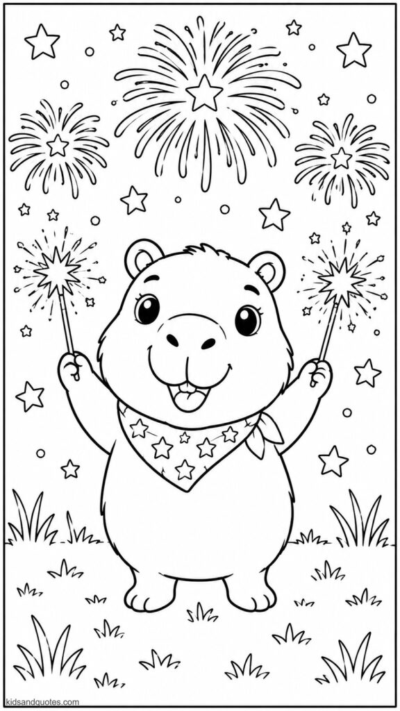Capybara holding sparklers in both tiny paws, eyes wide with delight.