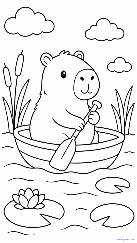 A calm capybara floating in a small boat on gentle water.