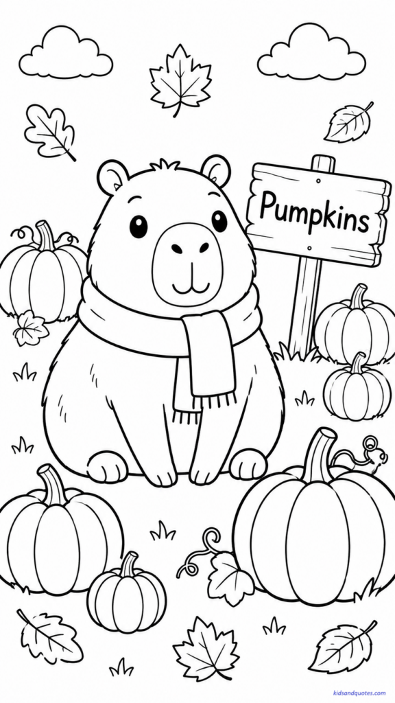 A fall-themed capybara sitting among pumpkins.