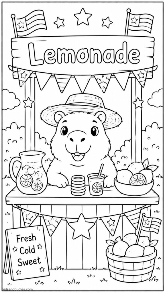 Capybara at a lemonade stand decorated with bunting and stars, wearing a straw hat.