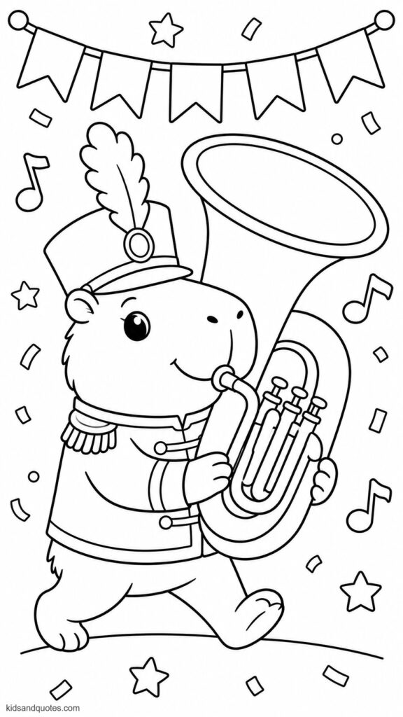 Coloring page of a Capybara marching in a band, playing a tuba nearly as big as itself, wearing a tall plumed hat.