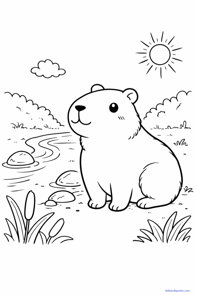 Black-and-white line art of a capybara in a natural setting, sitting near a river or standing in grass.