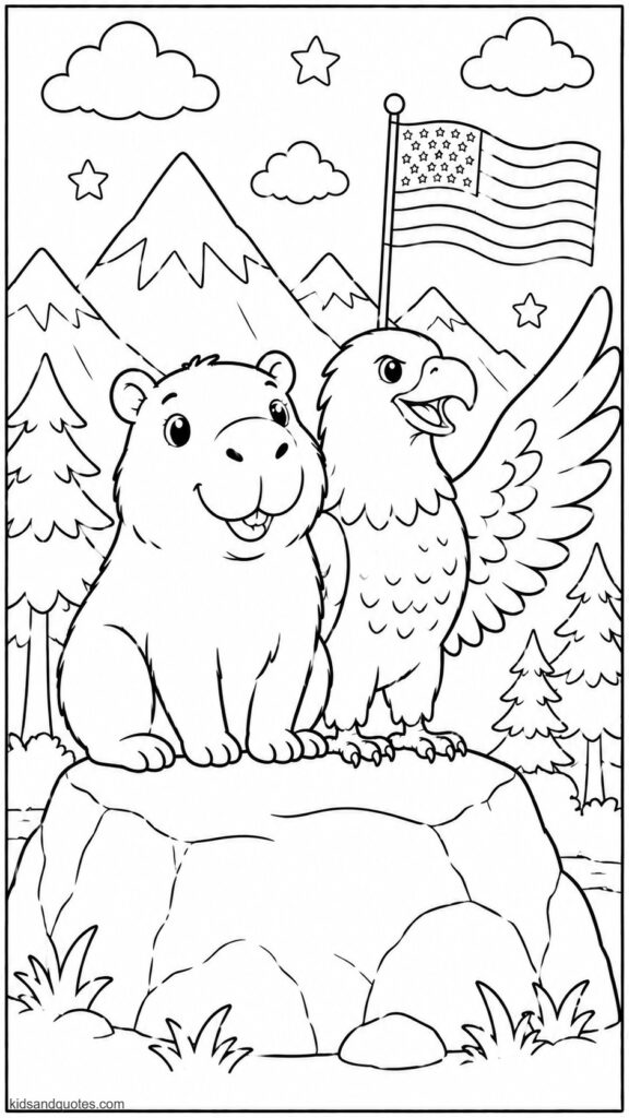 Coloring page of a Capybara perched on a large rock with an eagle friend beside it, American mountains in the background. 