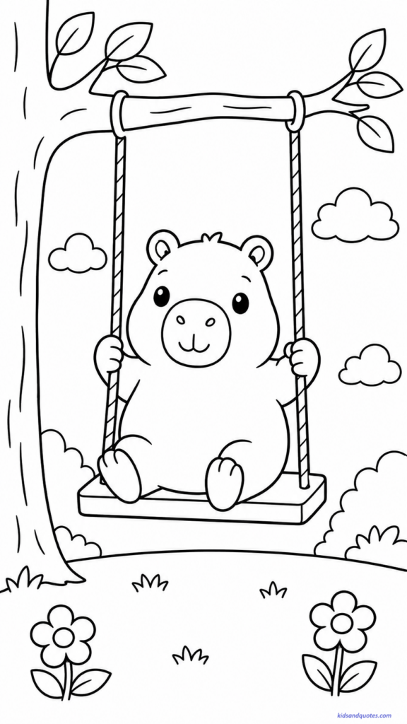 Coloring page of a happy capybara gently swinging from a tree branch.