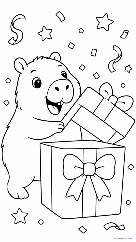 Coloring page of a surprised capybara opening a present with a bow.
