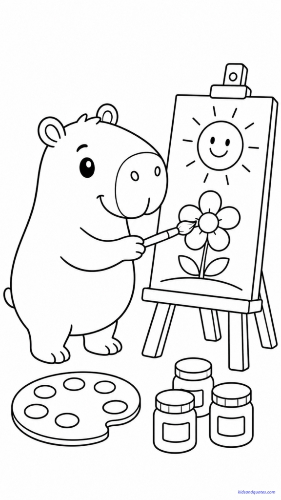 Coloring page of an artistic capybara painting on a small easel.