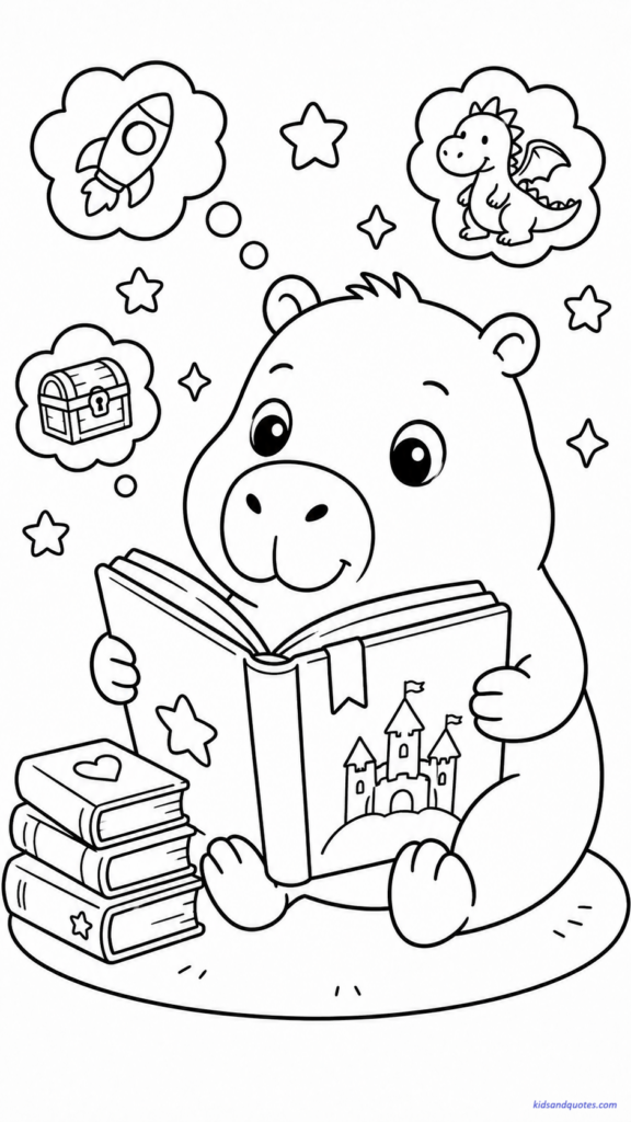 Cute Capybara Coloring Page: A book-loving capybara sitting with an open storybook.