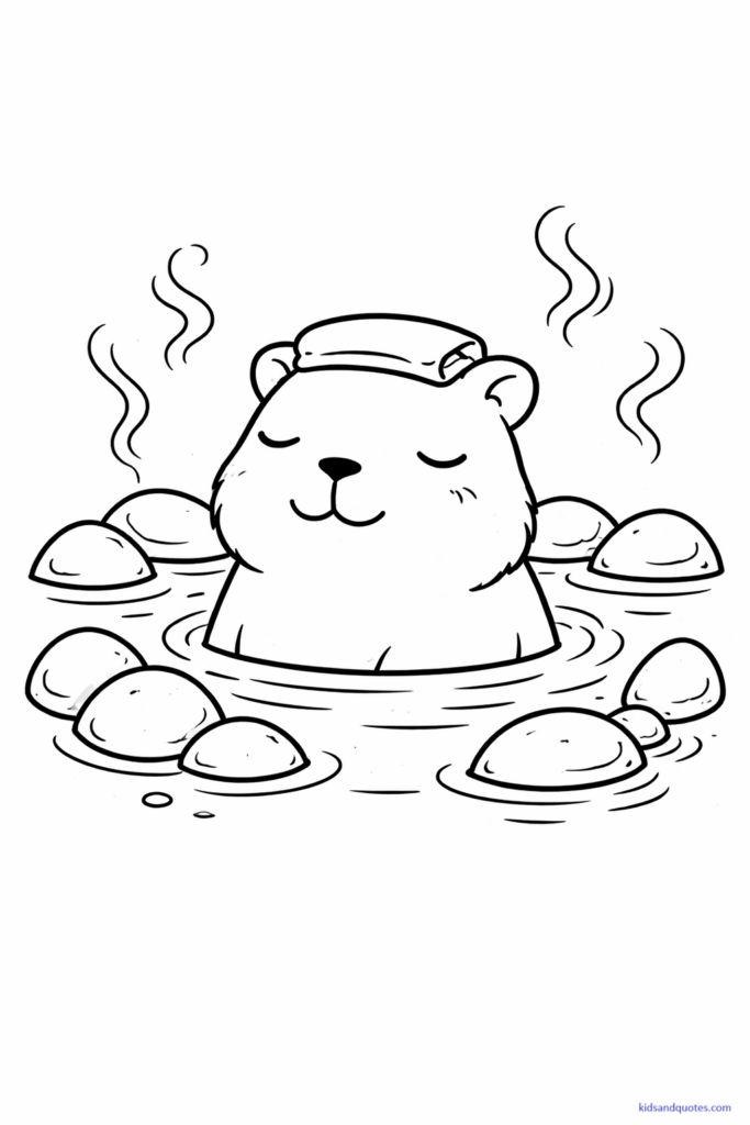 Black-and-white line art of a cute capybara relaxing in a hot spring or warm bath.