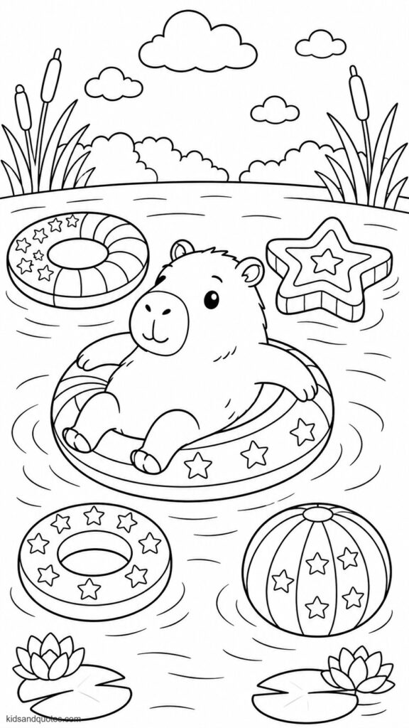 Coloring page of a Capybara relaxing in a river or lake with red, white, and blue pool floats all around it.
