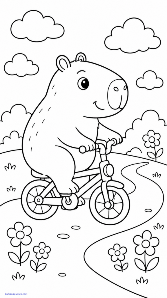 Coloring Page: A happy capybara slowly riding a small bicycle on a sunny path.