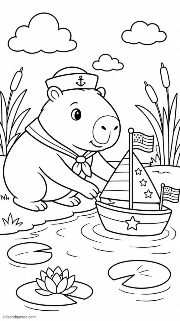 Capybara launching a toy boat decorated with American flags on a pond, dressed as a sailor.