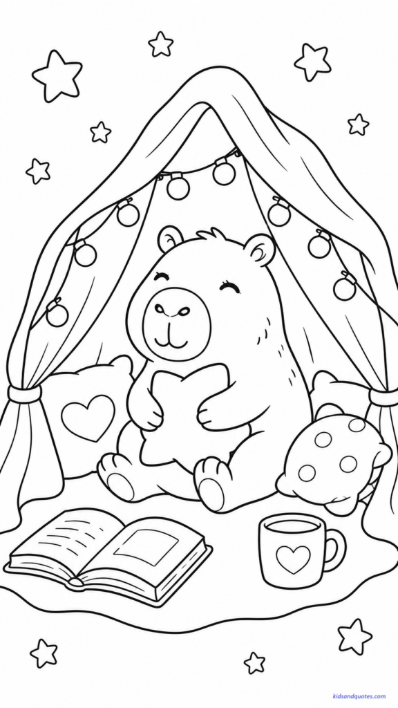 A capybara tucked inside a soft blanket fort with pillows and books.