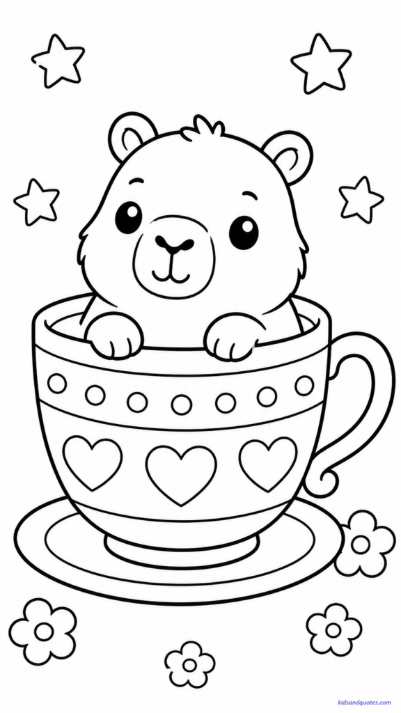 Coloring page of a tiny capybara cozily sitting inside a giant teacup.